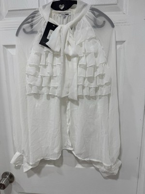 Fashion Nova Ruffle Galore Blouse Ivory Size 2X Sheer Ruffle Bow Tie Top New