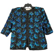 Vintage 90s Silk Lawrence Kazar Beaded Sequin Jacket XL Evening Open Front