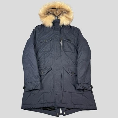 Chaqueta Schott NYC para mujer mediana azul marino cremallera completa forrada de piel sintética abrigo con capucha parka - Imagen 1 de 4