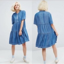 PAUL & JOE Sister Tiered Denim Zip Up Smocked Dress Medium M Fringe Collar
