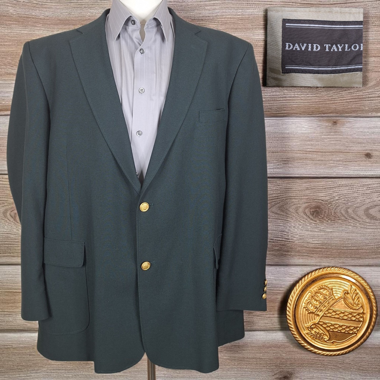 David Taylor Blazer Mens 48L Green with Gold Buttons Single Vented