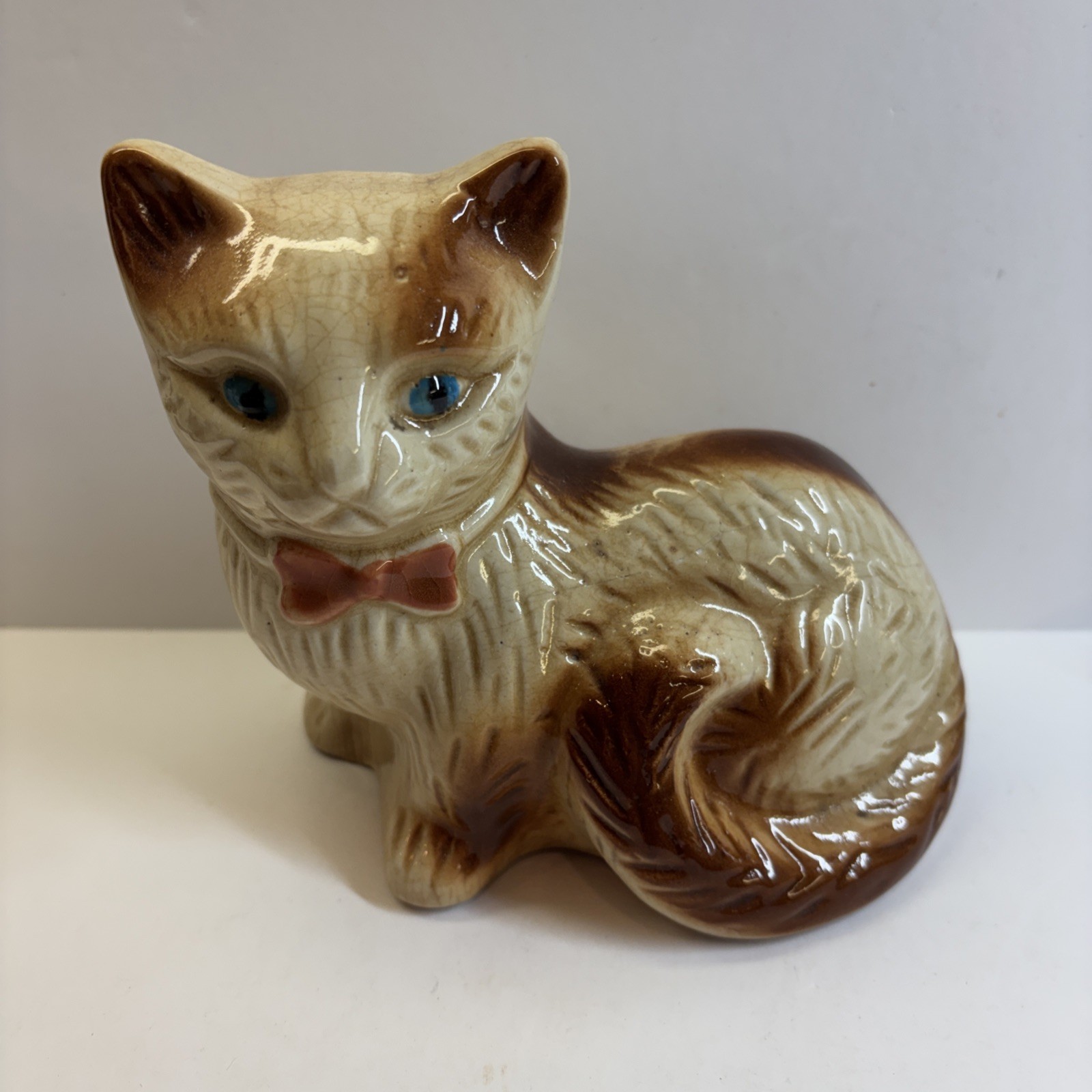 Vintage Made In Brazil Ceramic Cat Figurine Blue Eyes Red Bow Tie Mid Century