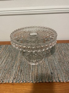 Vtg Fostoria American Cubist Pedestal Cake Stand W/Rum Well. 10"W  7.25"T Clear
