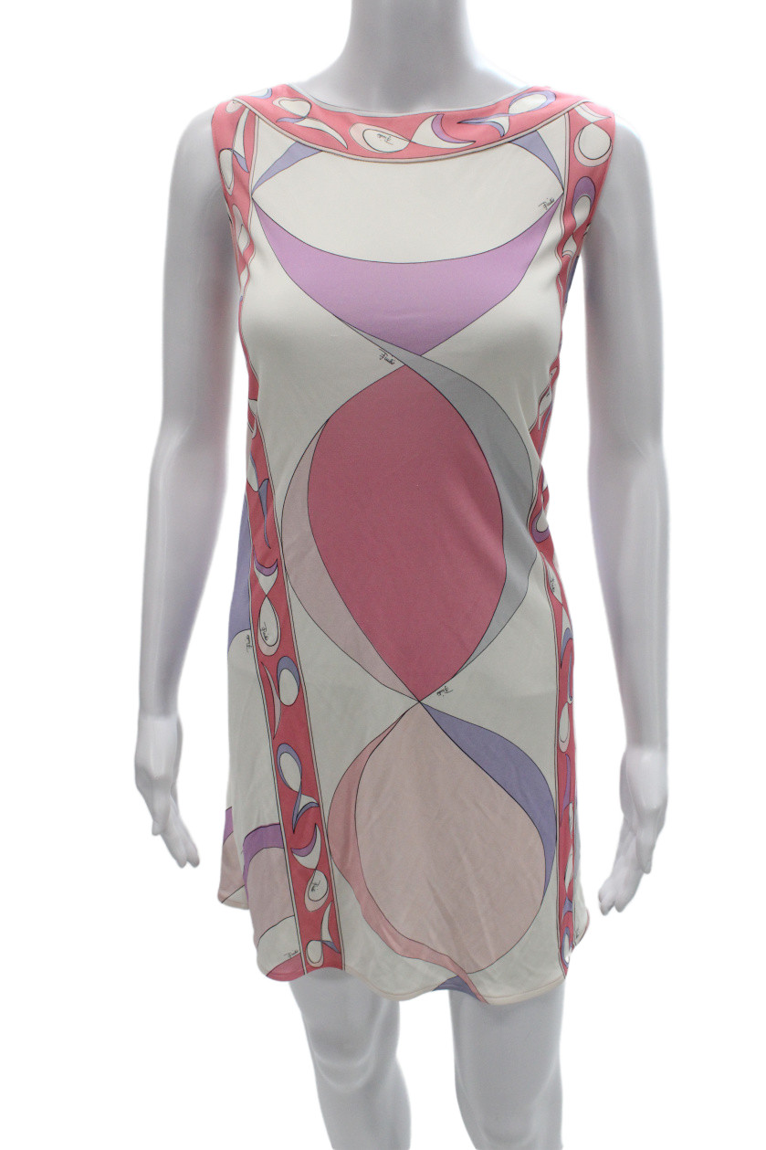 Emilio Pucci Women Sleeveless Silk Geometric Shift Mini Dress Pink Size SFree Shipping in US $100+ Orders | $6.95 Orders Below