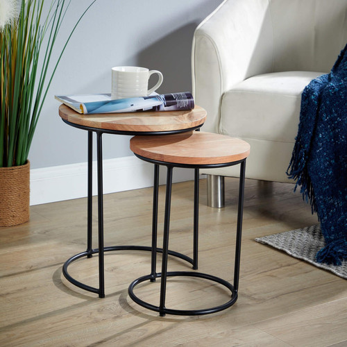 Nest 2 Tables Round Acacia Wood Tables Iron Legs Home Furniture Seconds - Picture 1 of 6