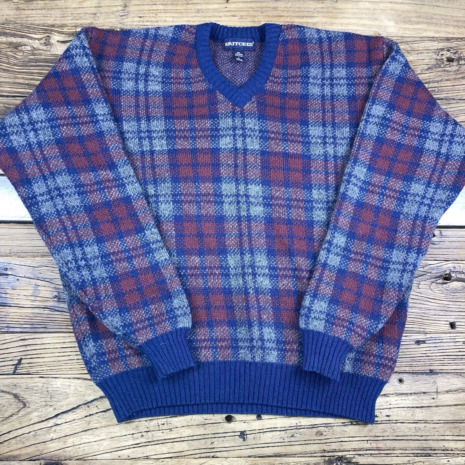 Britches Mens Lambswool V Neck Jumper Blue Red Check Knit Size L