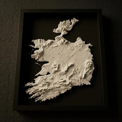 3D Ireland Map Wall Art: Topography in Black Wood Frame