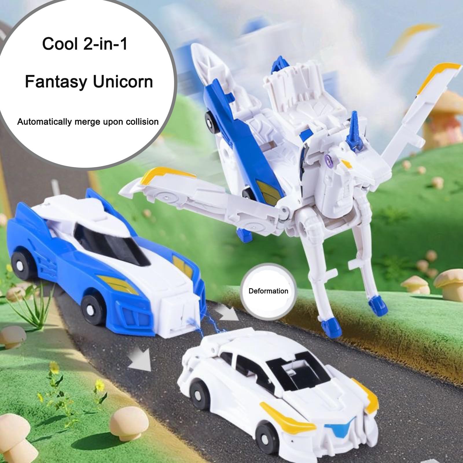 Unicorn Collision Transforming Cars Toy, 2 in 1 Magnetic Cars Collision Trans...