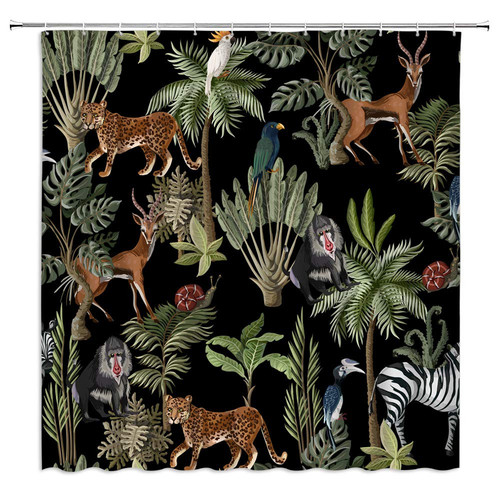 Jungle Animals Shower Curtain Cheetah Zebra Monkey Antelope Green Tropical Fo...