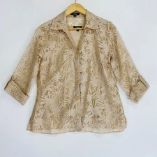 Elementz Women's Gold Floral Button Up Blouse 3/4 Sleeve Sz M w/ Undershirt