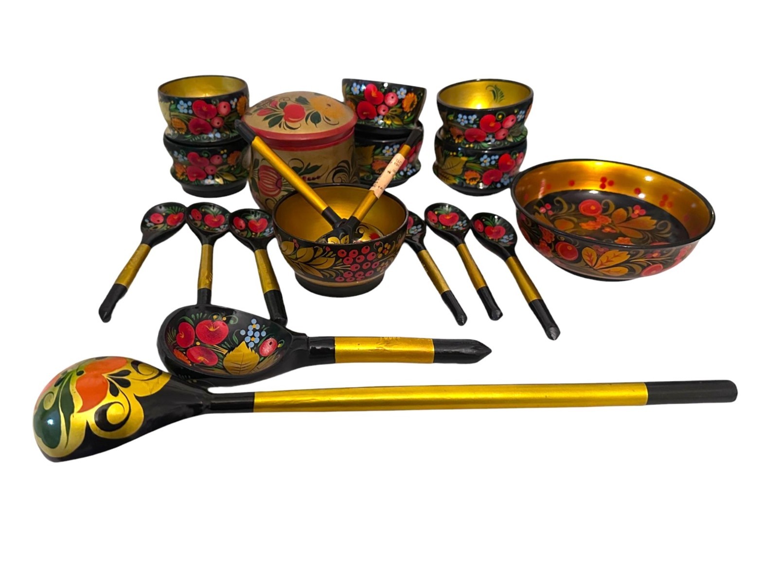 Vintage Russian Khokhloma Hand Painted Lacquerware Set Original Russian Labels