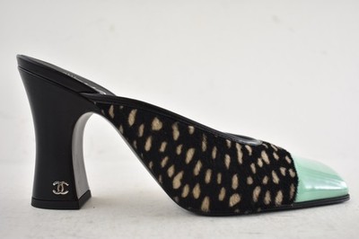 Chanel 26S Blazy Black White Pony Fur Green Square Toe Block Heel