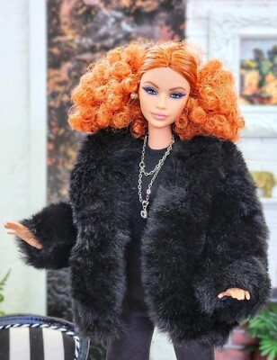 💕Fits Barbie, Integrity, Poppy Parker Black Fur Coat 1:6 Winter  Accessories
