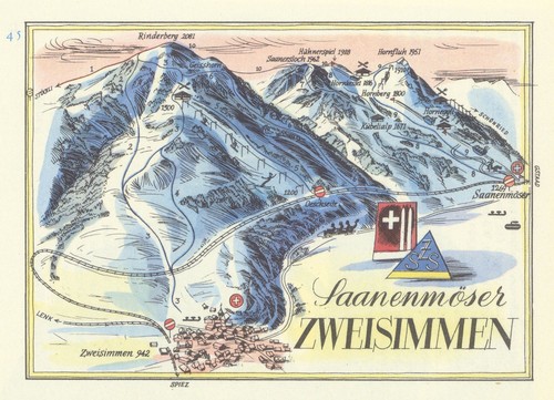 Saanenmoser Zweisimmen small ski resort piste/trail map by Otto Müller 1949