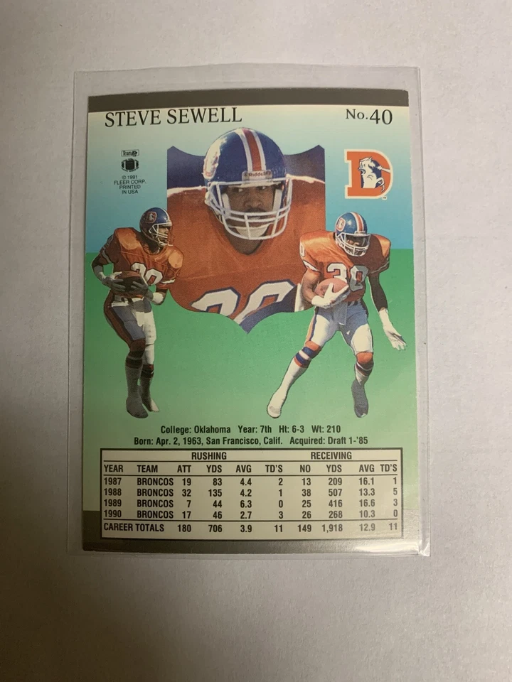 1991 Ultra Denver Broncos Football Card #40 Steve Sewell - Image 2 of 2