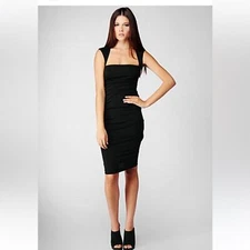 Nicole Miller Collection Silk Side Ruched Black MIDI Dress Size 0