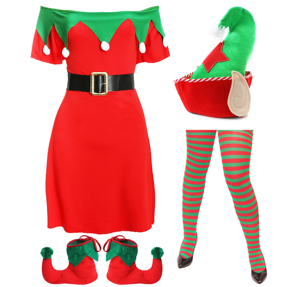LADIES CHRISTMAS ELF COSTUME FANCY DRESS TUNIC BOOTS TIGHTS XMAS