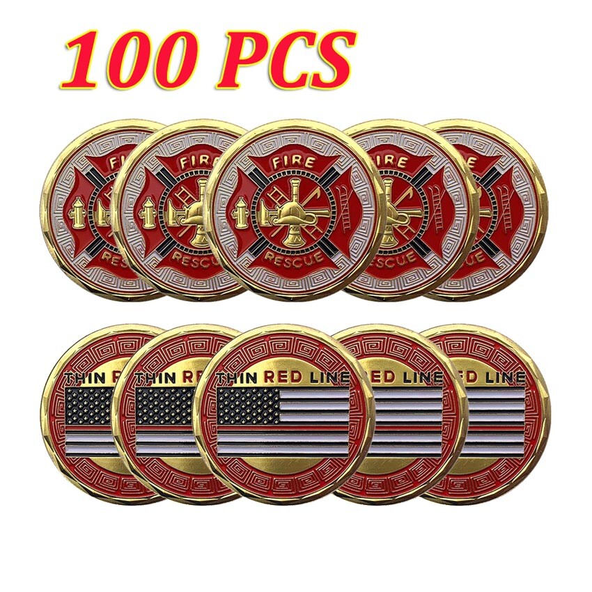 100PCS Fire Rescue Commemorative Fireman Challenge Coin Thin Red Line Flag Medal