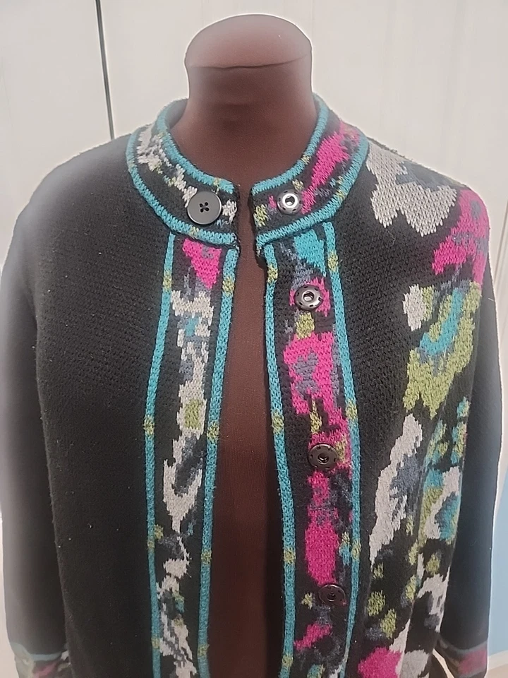 Cárdigan J.Jill Negro Floral Largo Tejido Arte Para Usar Suéter Chaqueta Talla. Grande Foto 2 de 4