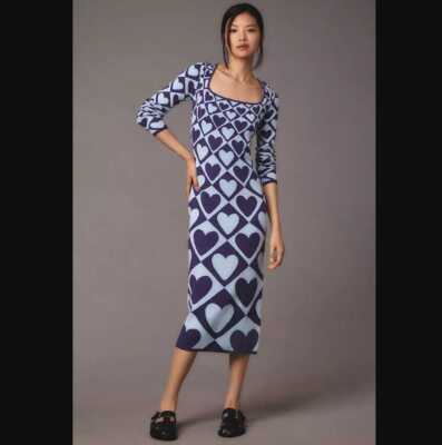 New M Farm Rio x Anthropologie Geo heart long-sleeve midi knitted sweater  dress | eBay