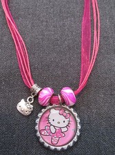 Pink Ribbon Bottle Cap Bling Charm Necklace Sparkle Beads HELLO KITTY Cat Meow 