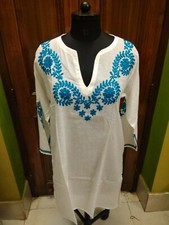 ETHNIC ARTISAN XL 44" TUNIC COTTON CHIKAN EMBROIDERY HANDMADE TOP BLOUSE KURTA