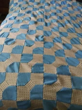 Vtg Unfinished Bowtie Patchwork  Double Knit Poly Quilt Top Hand Sewn 74" X 60"