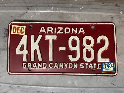 ARIZONA LICENSE PLATE GRAND CANYON STATE 4KT-982 DECEMBER 1992