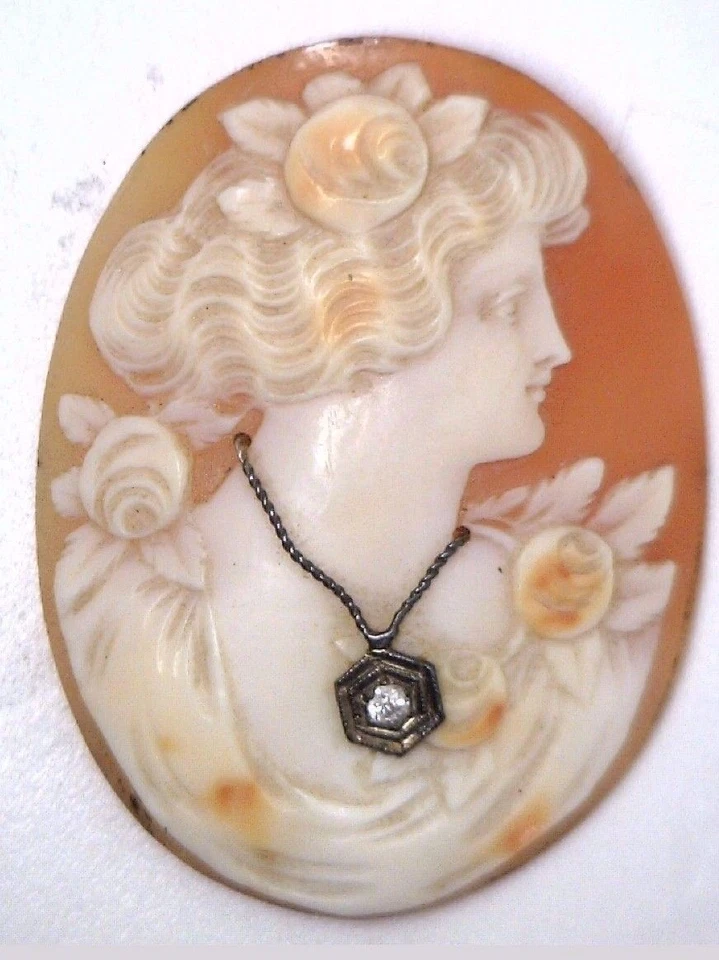 Antique Vintage Victorian Large Oval Shell Cameo Stone w/ Diamond Necklace O320