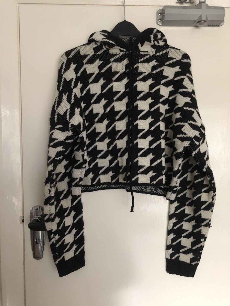 Missguided Black/ White Dogs tooth Knitted Cropped Hoody 10 UK