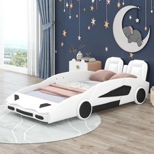 Modern Wood Race Car-Shaped Twin Platform Bed For Kids Upholstered Car Bed