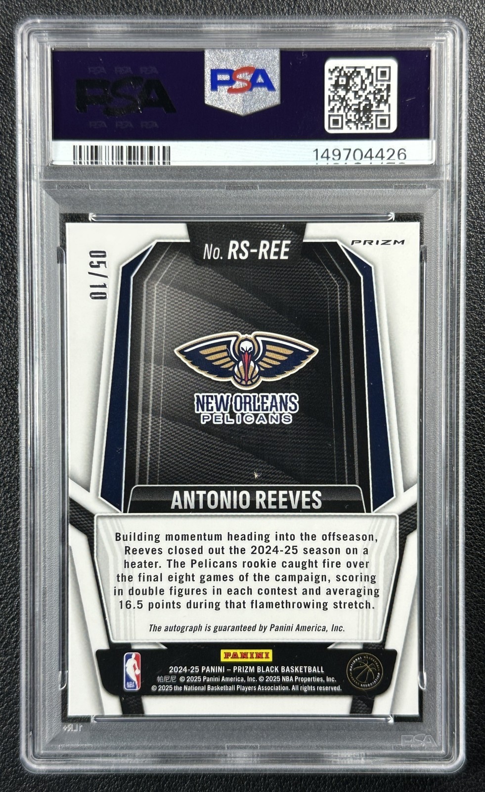 ANTONIO REEVES PSA 10 2024 PANINI PRIZM BLACK ROOKIE AUTO GOLD SHIMMER RC 5/10 view 2