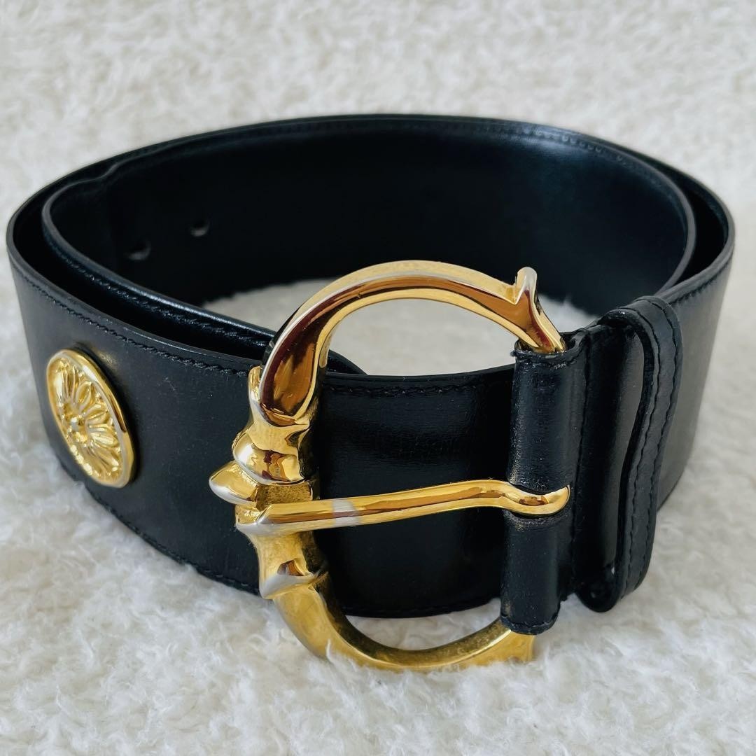 celineベルト75cm CELINE Waist Belt 75 Leather Black Gold Bukle Women's from