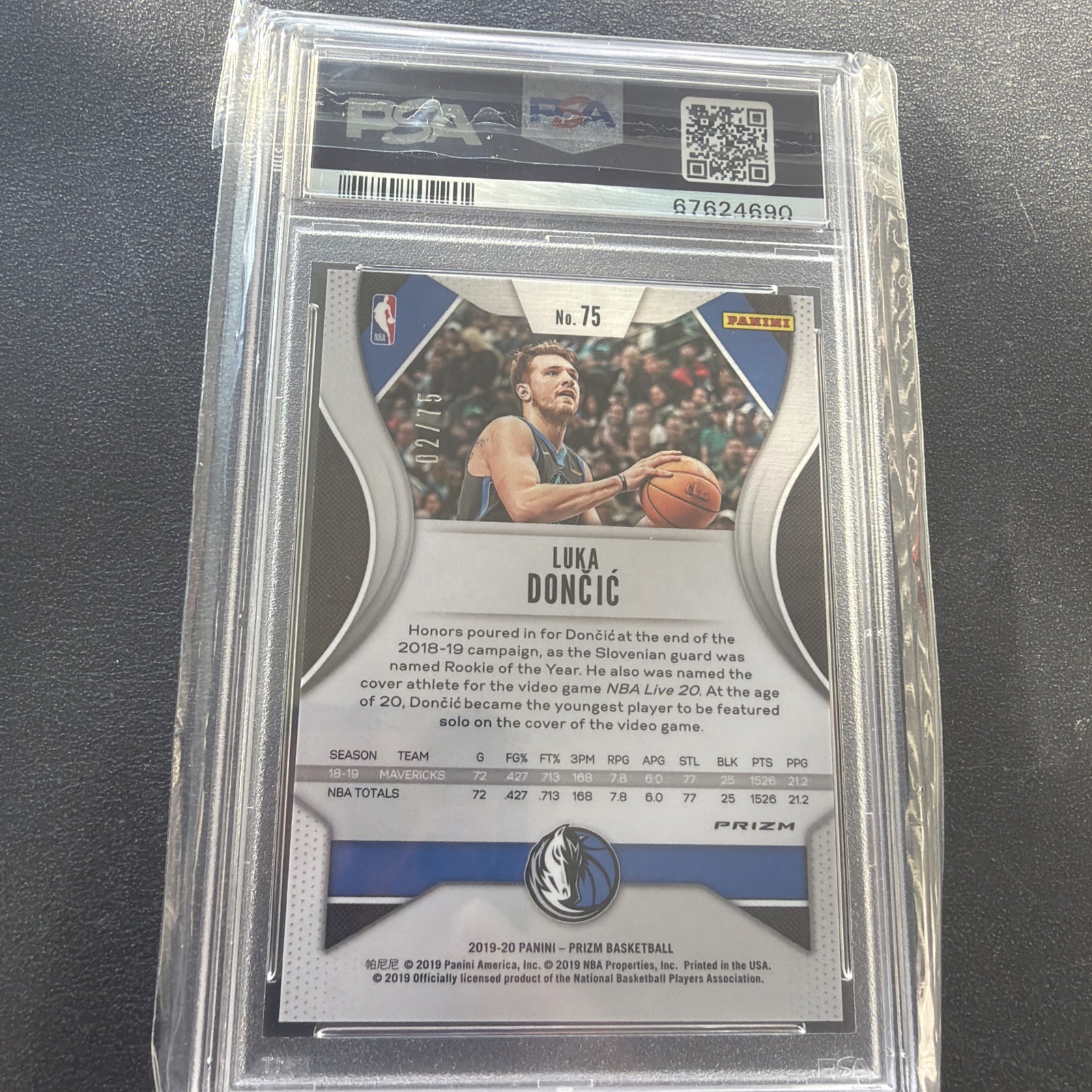 2019 Panini Prizm Luka Doncic PSA 9 Fast Break Prizm Purple 25/75 view 2