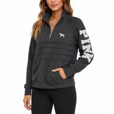 Victoria s Secret PINK 2017 Women s M Quarter Zip Sweatshirt Gray Logo Sleeve