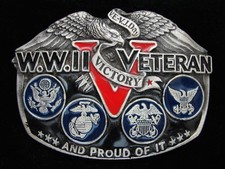 OF09123 NOS VINTAGE 1988  WORLD WAR II VETERAN  MILITARY PEWTER BELT BUCKLE