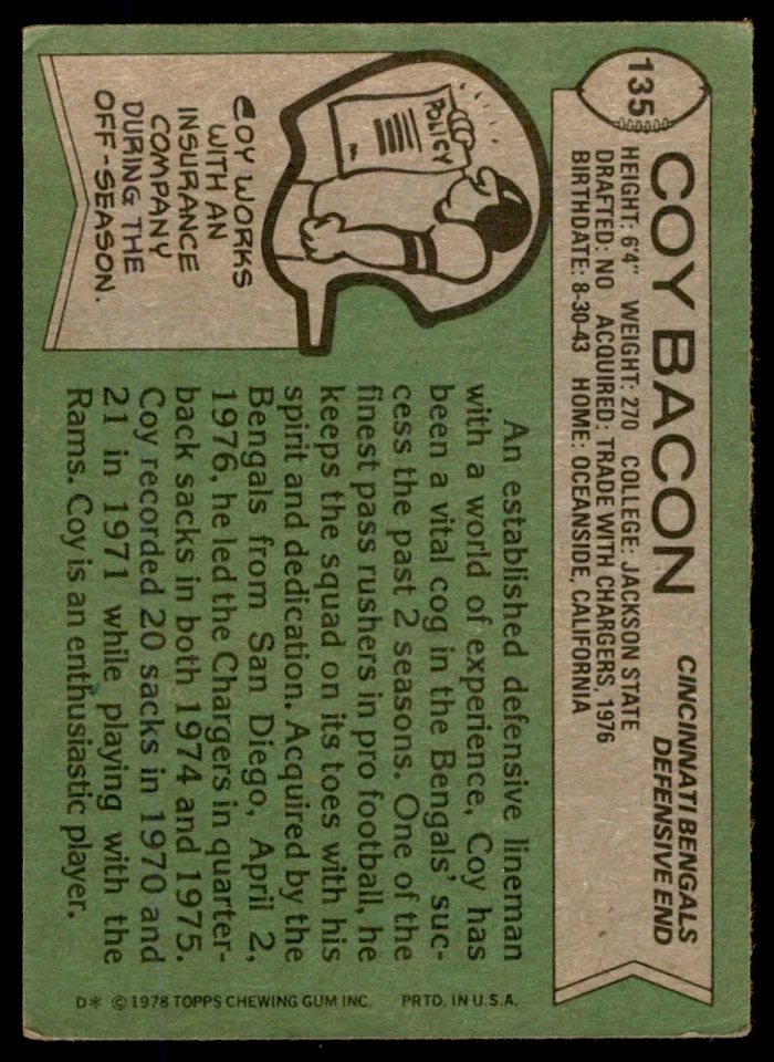 1978 TOPPS COY BACON . CINCINNATI BENGALS #135 - Image 2 of 2