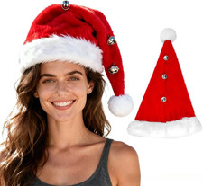 Christmas Santa Hat with Bells Unisex Red Fluff Holiday Hat Christmas Decoration