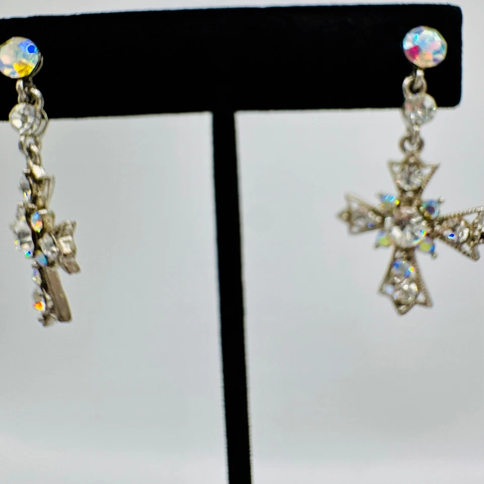 Pendientes colgantes cruzados de diamantes de imitación de cristal de plata de ley joyería de fe brillante Foto 3 de 4