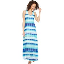Calvin Klein 10 Blue Tie-Dye Striped Chiffon Maxi Dress Sleeveless U-Neck Flowy