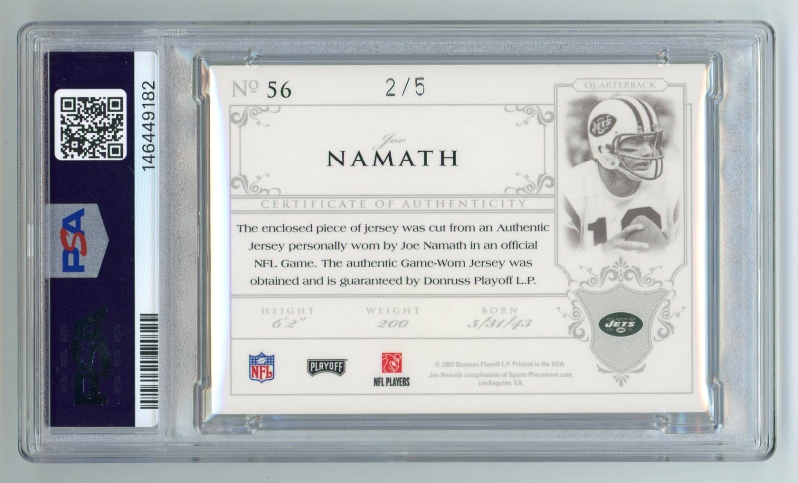 2007 National Treasures Joe Namath Game Used Worn Button Patch 2/5 PSA 9 POP 1/1 view 2