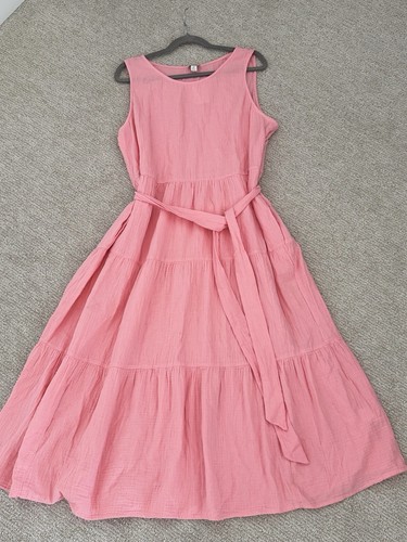 Vestido midi de gasa con cinturón rosa talla 16 100 % algodón bolsillos cómodo Langelook J.Crew - Imagen 5 de 9