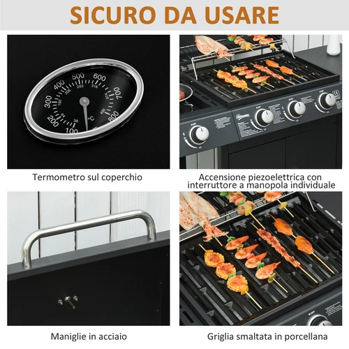 Outsunny Barbecue a Gas con Coperchio e Termometro, Fornello Laterale e 2 Ruote - Foto 7 di 10