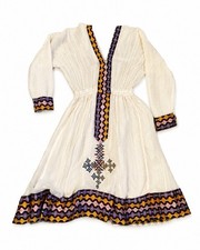 Ethiopian Habesha Inspired Traditional Dress White Embroidered Folk Midi Trim