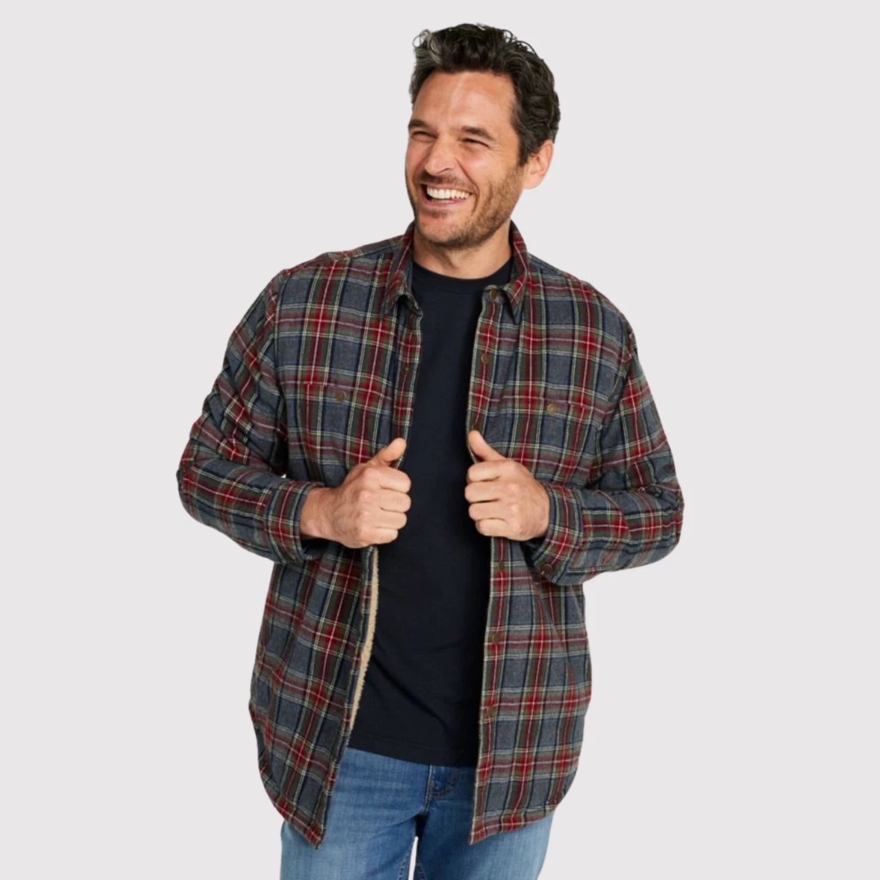 L.L Bean Mens Button Up Shirt Gray Sherpa Plaid Shacket Slightly Fitted Large