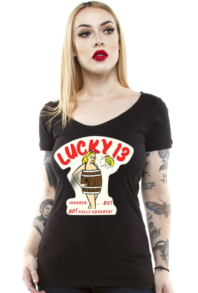 Lucky 13 Insured Pinup Girl Model Tattoos Rockabilly Scoop Neck T