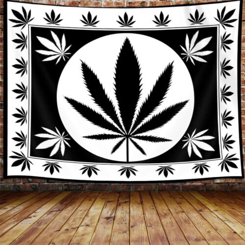 Weed Marijuana Leaf Tapestry Wall Hanging, Black and White Reggae Rasta Tie D...