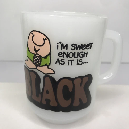 Vtg Fire King Anchor Hocking Milk Glass Ziggy Coffee  My Black Mug Cup RARE 1979