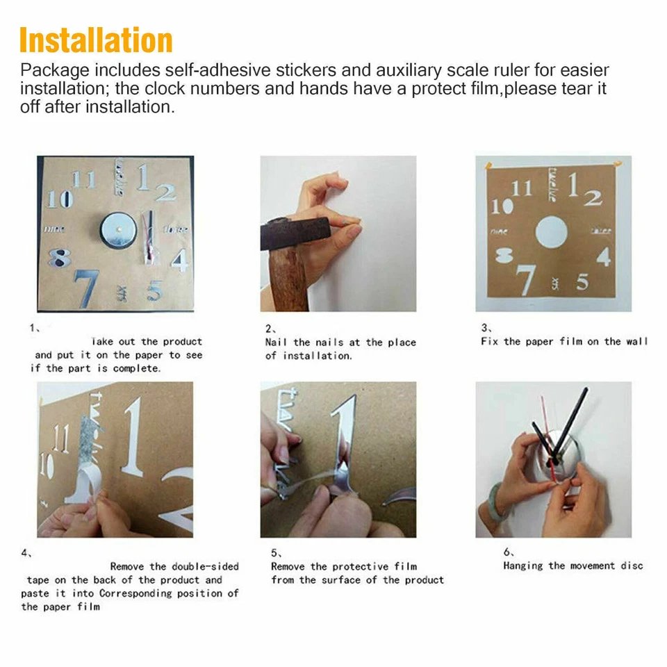New Modern DIY Large Wall Clock 3D Mirror Surface Sticker Home Office Room Decor - Image 4 of 4