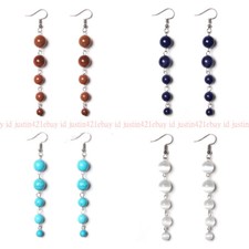 6-8-10mm Natural Multicolor Gemstone Round Beads Dangle Silver Hook Long Earring